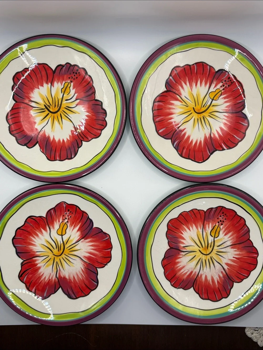 Hand-Painted Red Hibiscus Ceramic Dinner Plates - Set of 4 from Clay Art